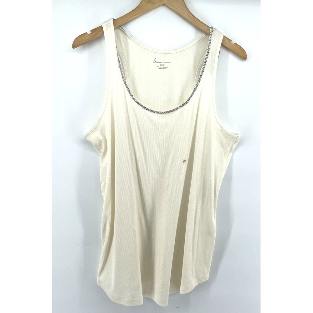 Lane Bryant Tank Top‎ 18/20 Embellished Rhinestone Ribbed Cream Elevated Basic